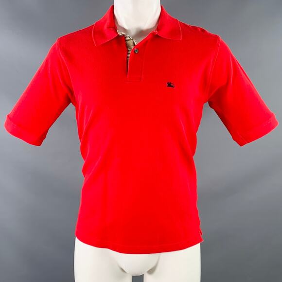 BURBERRY Size S Red Contrast Check Trim Cotton Pique Polo - Picture 1 of 6